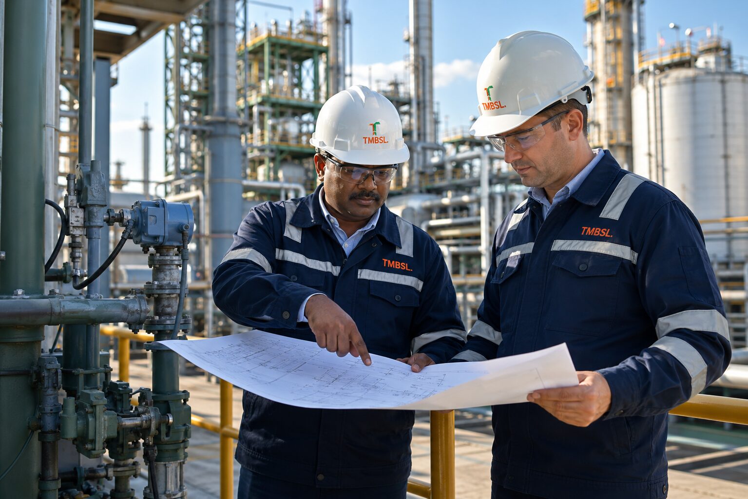 TMBSL engineers reviewing plant drawings on site