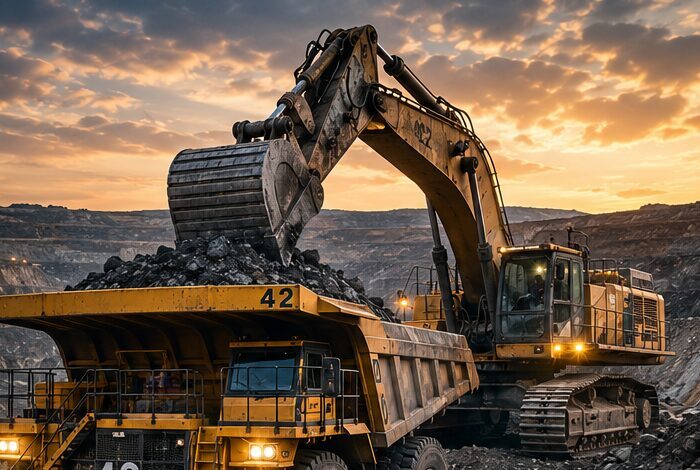Open-pit mining operation with heavy machinery at sunset