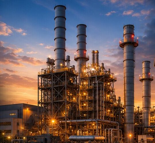 Power plant infrastructure at dusk