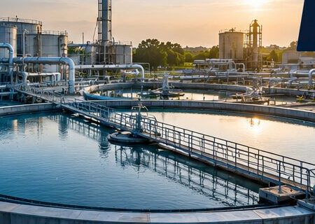 Water treatment plant at sunrise